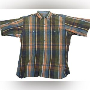Bob Timberlake Shirt Mens XLarge Blue Tan White Plaid Short Sleeve Button Up